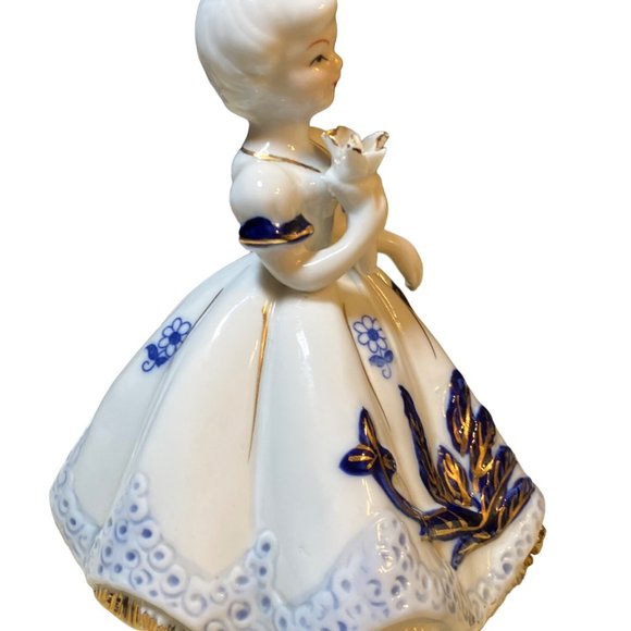 Girl Figurine Blue White Dress Gold Colored Accents - Picture 4 of 15